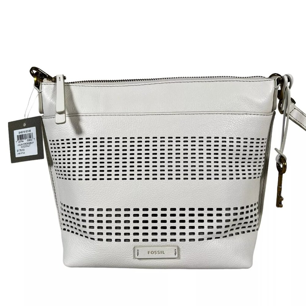 Fossil Womens Coconut White Cow Hide Leather Rectangle Julia Crossbody Handbag